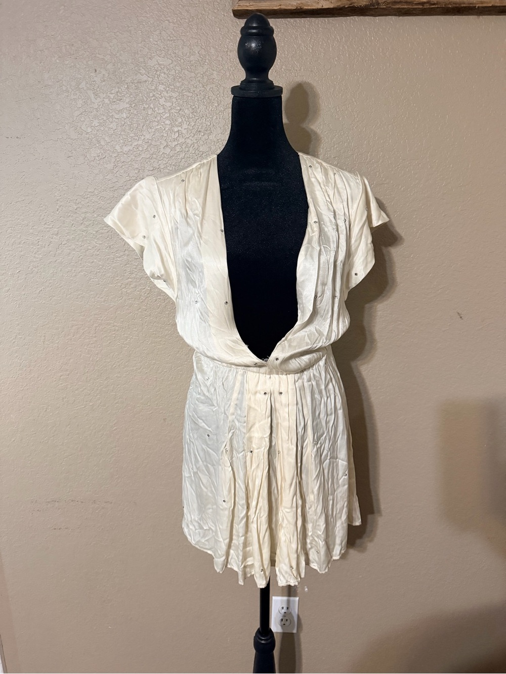 LPA Cream Satin Plunge V Romper with Cap Sleeves